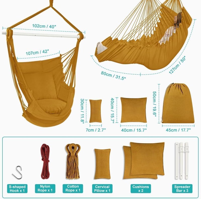Outerman Hammock Chair, Hanging Chair with 3 Cushions and Foot Rest Support, Sturdy Metal Spreader Bar Max 500Lbs, Swing Chair for Bedroom, Indoor & Outdoor, Patio, Porch or Tree（Khaki） - Image 2